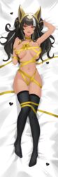 alternate_version_available areola_slip arm_behind_head barely_covered barely_visible_nipples bedroom_eyes black_hair dakimakura fangs hairbun headgear highres indie_virtual_youtuber kelli_siren laying_down laying_on_back laying_on_bed long_hair ribbon ribboned_body ribbons sedai seductive seductive_eyes seductive_look seductive_smile stockings straight_hair tan_skin two_tone_hair virtual_youtuber white_hair rating:Questionable score:23 user:kamikage