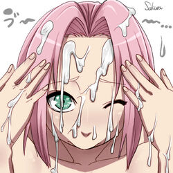 ... 1girls blush blushing cum cum_in_hair cum_on_face female green_eyes human konakona looking_at_viewer naruto one_eye_closed pink_hair sakura_haruno rating:Explicit score:44 user:bot