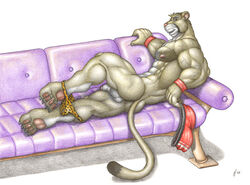 abs anthro balls biceps braford clothing cougar feline fur furry furry_only inviting leopard_print male male_only muscles pecs penis reclining shorts sofa solo thong underwear undressing veins rating:Explicit score:9 user:bot