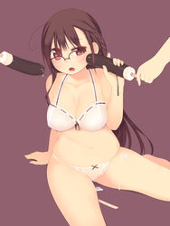 ahoge arima_senne bra braid breasts brown_hair chocolate_banana cleavage eyebrows_visible_through_hair female female_focus food glasses highres human kashiwamochi_yomogi large_breasts lingerie long_hair midriff navel original panties plump red_eyes saliva sexually_suggestive solo_focus underwear rating:Questionable score:13 user:Karasu87