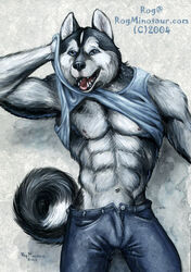 2004 anthro blue_eyes canine clothes dog fur furry husky male male_only muscles pose presenting rog_minotaur shirt shirt_lift solo rating:Explicit score:0 user:bot