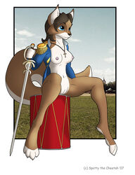 2007 anthro blue_eyes breasts brown canine drum female fur furry hair nipples pussy solo spotty_the_cheetah sword uniform weapon rating:Explicit score:4 user:bot