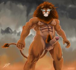  1boy abs anthro balls beijinbeef biceps feline fur furry glowing_eyes lion male male_only muscles pecs penis pose solo uncut veins  rating:explicit score: user:bot