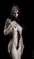 affront_to_nature beige_skin black_background black_eyes breasts clothing color creepy dark eyes female female_only gore grey_hair guro hair hirajoshiba human injury laceration long_hair open_eyes pale pubic_hair shirt_lift skin solo standing undead wound zombie zombie_girl rating:Explicit score:29 user:bot