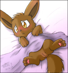 3_toes bed black_nose blanket blush brown_eyes brown_fur closed_mouth color eevee eeveelution female female_only feral front_view fur furry_ears furry_tail hindpaw lying nintendo on_back open_eyes paws pokemon pussy route9 shy solo tail uncensored video_games vulva rating:Explicit score:11 user:bot