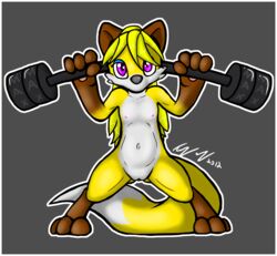 anthro breasts canine female fox fur furry hair lifting long_hair muscles nipples nude pussy solo weights rating:Explicit score:1 user:bot