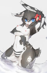  anthro blue_eyes breasts flower furry half-dressed lagomorph liki rabbit topless wide_hips  rating:questionable score: user:bot