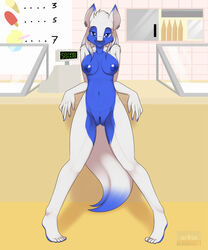 2012 anthro bedroom_eyes blue_eyes blue_fur breasts canine cone female fur furry husky ice_cream ice_cream_cone kloudmutt looking_at_viewer navel nude piercing pussy register solo standing white_fur rating:Explicit score:14 user:bot