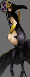 2012 ass asymmetrical_clothes blush from_behind high_resolution kumiko_(aleron) league_of_legends leblanc long_image looking_back purple_eyes short_hair solo staff tall_image thighhighs wardrobe_malfunction rating:Questionable score:43 user:21321