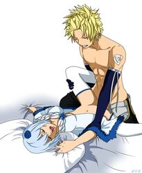 1boy 1girls bed blonde_hair breasts closed_eyes elbow_gloves fairy_tail female gloves hair_flower human male moaning open_mouth sex short_hair spread_legs sting_eucliffe straight thighhighs white_hair white_legwear yukino_aguria rating:Explicit score:16 user:bot