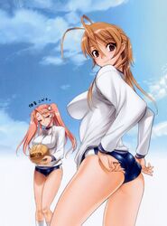 2girls adjusting_buruma antenna_hair ass bandaid breasts brown_hair buruma buruma_pull female female_only from_below gym_uniform highres highschool_of_the_dead impossible_clothes impossible_shirt inazuma large_breasts long_hair looking_back multiple_girls nipples pink_hair rei_miyamoto satou_shouji saya_takagi sky smile tied_hair twintails volleyball rating:Safe score:134 user:Doomisphere