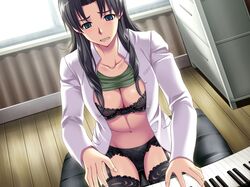 1girls black_socks bra breasts circle_hitori cleavage clothing female fujinomori_shiho game_cg garter_belt labcoat lace-trimmed_thighhighs lingerie panties piano piano_bench shirt shirt_lift socks solo soushinjutsu_3 stockings tagme thigh_socks thighhighs rating:Questionable score:12 user:bot