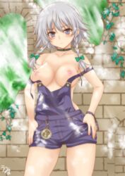 alternate_costume blush bow braid breasts broken_wall collar collarbone female grey_eyes hairbow hands_on_hips highres human large_breasts looking_at_viewer nipples no_bra overalls pocket_watch sakuya_izayoi silver_hair solo strap_slip suspenders touhou twin_braids umyonge_(lkakeu) uncensored vines wall watch rating:Questionable score:27 user:BlackRockShooter