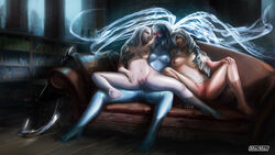 3girls barefoot blue_skin breast_grab breasts couch diana_(league_of_legends) dota_2 feet female glowing_eyes large_breasts league_of_legends long_hair luna_(dota) marmar multiple_girls navel nipples pussy red_eyes sex sitting threesome vengeful_spirit white_hair yuri rating:Explicit score:58 user:chooped