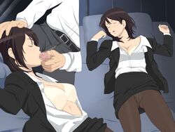 amagami bed belt black_hair bra breasts censored closed_eyes cottage fellatio female hand_on_head lying open_clothes open_mouth open_shirt oral panties pantyhose partial_male penis shirt short_hair skirt sleep_molestation sleeping takahashi_maya white_bra white_shirt rating:Explicit score:73 user:bot