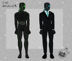  android cable chains classy clothed clothing dressed_up humanoid machine male necktie rgb_lighting robot screen screen_face solo sourmagic suit the_manager tube visor  rating:safe score: user:bot