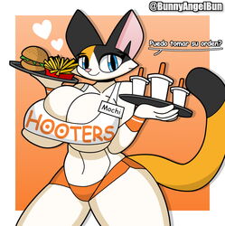  2024 4:3 anthro big_breasts breasts bunnyangelbun clothing dialogue digital_drawing_(artwork) digital_media_(artwork) domestic_cat felid feline felis female food fur heart_symbol hi_res hooters hooters_uniform looking_at_viewer mammal mochi_(bunnyangelbun) ordering_food simple_background smile solo spanish_text text translated  rating:questionable score: user:bot