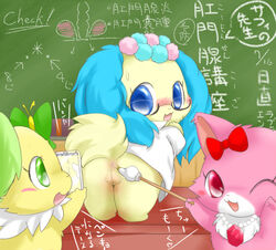 3girls anthro anus bent_over blue_fur board bottomless camera chalkboard eyewear female female_only feral from_behind fur furry garnet_(jewelpet) glasses japanese_text jewelpet jewelpet_(species) looking_back necklace peridot_(jewelpet) pussy sapphie_(jewelpet) school suvaru text rating:Explicit score:9 user:bot