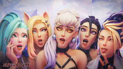 3d 3d_(artwork) 5girls ahe_gao ahri akali blender blonde_hair blue_eyes dark_hair earrings evelynn harness jewelry k/da_all_out_series k/da_series kai'sa league_of_legends light-skinned_female light_skin long_hair makeup peace_sign purple_eyes seraphine_(league_of_legends) supernovax rating:Explicit score:173 user:SuperNovax