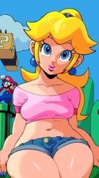 blonde_female blonde_hair blue_eyes booty_shorts crop_top cropped_shirt light-skinned_female light_skin looking_at_viewer mario mario_(series) nosebleed outdoors pink_lips pink_lipstick pink_shirt pinup ponytail pov pov_eye_contact princess princess_peach shiny_skin shoulders super_mario_bros. thighs rating:Questionable score:27 user:JAME__SAMA