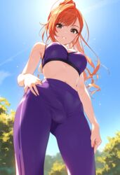 1futa ai_generated arisugawa_natsuha balls bangs bare_shoulders blue_sky blush bra breasts bulge clothed day doseogwan erect_penis erection erection_under_clothes eyebrows_visible_through_hair from_below futa_only futanari hand_on_hip idolmaster idolmaster_shiny_colors long_hair looking_at_viewer medium_breasts midriff navel orange_hair outdoors pants parted_lips penis penis_bulge penis_shaped_bulge penis_under_clothes ponytail purple_pants sky sleeveless smile solo solo_futa sports_bra sportswear standing sunny sweat swept_bangs visible_penis_shape rating:Explicit score:137 user:Dark_Cultist