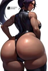 1girls ai_generated arched_back ass_focus back back_view big_ass big_butt bleach bleach:_the_thousand-year_blood_war bubble_butt cameltoe dark-skinned_female dark-skinned_female_ass dark_skin dat_ass daulawkins elbow_gloves fat_ass from_behind gloves large_breasts leotard looking_at_viewer muscular muscular_female ponytail purple_hair shihouin_yoruichi solo stable_diffusion thick_lips thick_thighs thighhighs thighs voluptuous yellow_eyes rating:Explicit score:92 user:utka1917