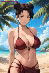 1girls abs adapted_costume ai_generated arms_behind_back athletic athletic_female bare_legs bare_midriff bare_shoulders beach beach_umbrella big_breasts bikini bikini_bottom bikini_top breasts brown_eyes brown_hair cleavage curvaceous double_bun hair_bun headband highres konohagakure_symbol legs_together looking_at_viewer midriff nai_diffusion naruto naruto_(series) naruto_shippuden ocean oppai palm_tree patreon_username sand seaside side-tie_bikini side-tie_bikini_bottom skirt smile solo stable_diffusion swimsuit temptart tenten toned toned_female twin_buns umbrella upper_body url voluptuous water watermark web_address rating:Questionable score:86 user:Diwan