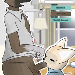  1boy 1girls aggressive_retsuko aggretsuko anthro anthro_on_anthro anthro_penetrated anthro_penetrating anthro_penetrating_anthro balls big_balls blowjob clothed clothed_sex fellatio female/male fenneko freggsnsfw furry furry_female furry_male furry_only haida haida_(aggretsuko) hips hyena male/female penis_in_mouth sanrio self_upload spotted_hyena  rating:explicit score: user:freggsart