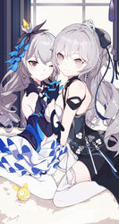  2girls absurdres bare_shoulders black_gloves bronya_zaychik bronya_zaychik_(herrscher_of_reason) bronya_zaychik_(silverwing:_n-ex) closed_mouth commentary_request curtains drill_hair dual_persona earrings elbow_gloves gloves grey_eyes grey_hair hair_ornament highres homu_(honkai_impact) honkai_(series) honkai_impact_3rd jewelry looking_at_viewer multiple_girls one_eye_closed p1up1u seiza single_thighhigh sitting smile thighhighs time_paradox twin_drills white_thighhighs window  rating:safe score: user:bot