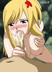 blonde_hair brown_eyes fairy_tail fellatio female hair human lucy_heartfilia male oral saliva straight uncensored rating:Explicit score:21 user:Bongo93