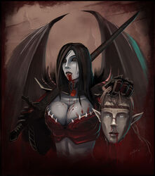 armor black_hair bleeding blood blood_stain bloody_face bloody_sword cleavage color death dominion's_chain dominions_chain female front_view gore grey_skin hair head holding interspecies lilium_(lucien) long_hair lucien male necklace open_eyes red_eyes severed_head succubus sword vampire violent weapon wings rating:Explicit score:23 user:hentailegs