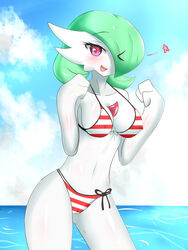 1girls 3_fingers ass bare_shoulders belly bikini breasts cleavage day erect_nipples eyelashes female female_only gardevoir green_hair hair_over_one_eye heart navel nintendo nipples open_mouth outdoors pink_eyes pokémon_(species) pokemon pokemon_rse sana!rpg short_hair sideboob sky smile standing teeth tongue water white_skin rating:Questionable score:80 user:Bikini_Gardevoir