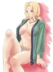 barefoot blonde_hair breasts facial_mark female female_only forehead_mark haori huge_breasts human japanese_clothes jewelry kyoffie long_hair naruto navel necklace no_bra no_pants panties ponytail red_eyes sitting smile solo striped striped_panties tied_hair tsunade underwear rating:Questionable score:44 user:kikimaru024