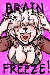  2:3 bodily_fluids body_hair bra breasts canid canine chest_hair clothing covered_eyes dovesyin drooling english_text fangs female fur hair heart_symbol hi_res mammal messy_hair saliva sleeves solo sweat teeth text underwear  rating:questionable score: user:bot