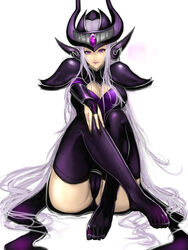 2013 armor breasts bridal_gauntlets cameltoe cleavage cleavage_cutout crossed_legs ear_protection female forehead_protector helmet horned_helmet kumiko_(aleron) labia large_breasts league_of_legends legs lipstick long_hair makeup nail_polish no_shoes panties pantyshot pantyshot_(sitting) pauldrons purple_eyes purple_legwear purple_panties silver_hair sitting solo syndra thighhighs thighs underwear vambraces very_long_hair rating:Questionable score:40 user:kikimaru024