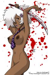 1girls 2012 2013 breasts brown_eyes dark-skinned_female dark_skin female hair_ornament nipples no_more_heroes nude shinobu_jacobs solo stardragon77 sword tie white_hair zet13 rating:Explicit score:52 user:Shadowking11