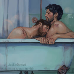  2boys absurdres angel bathroom bathtub beard black_hair brown_hair bruise bruise_on_shoulder castiel claw_foot_bathtub closed_eyes coat couple dean_winchester face_to_pecs facial_hair full_beard highres indoors injury jackiedeeart leaning_on_person male_focus mature_male multiple_boys short_hair stubble supernatural_(tv_series) trench_coat upper_body yaoi  rating:safe score: user:bot