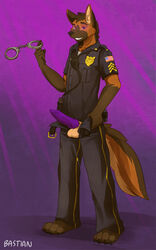 4_toes 5_fingers anthro badge barefoot bastianwolf belt black_nose brown_fur brown_hair canine claws clothes colored dog erection fur furry furry_ears furry_tail german_shepherd hair handcuffs knot male male_only open_eyes pants penis pointy_ears police purple_eyes short_hair smile solo standing tail tan_fur testicles uniform rating:Explicit score:5 user:bot