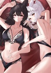  2girls animal_ears bags_under_eyes bed_sheet black_hair braid braided_bangs breasts commission erune fraux granblue_fantasy grey_hair lingerie majo_(pastamajo) midriff multiple_girls navel nier_(granblue_fantasy) on_bed red_eyes skeb_commission swept_bangs twintails underwear  rating:safe score: user:bot