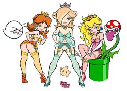 2013 3girls ass blonde_hair blue_eyes boo_(mario) breasts brown_hair female hair human jive_guru lingerie luma mario_(series) multiple_girls nintendo piranha_plant princess_daisy princess_peach princess_rosalina pussy stockings uncensored warp_pipe rating:Explicit score:47 user:MPLDAM9919