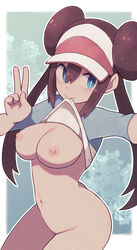 bottomless braless double_bun female female_protagonist lamb-oic029 large_breasts nipples peace_sign pokemon rosa_(pokemon) shirt_in_mouth shirt_lift solo rating:Explicit score:185 user:red3301