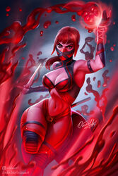  1girls artist_signature big_breasts blood blood_magic cleavage_cutout dagger heroharborx mortal_kombat oiuuart red_eyes red_hair red_mask red_outfit signature skarlet  rating:questionable score: user:private_geek