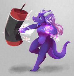  action_pose angry anthro aurora_stellaris blue_eyes breasts dragon female hair hi_res horn long_hair magic morrya multi_horn mythological_creature mythological_scalie mythology pose punch punching_bag purple_body purple_hair purple_scales scales scalie solo tail  rating:safe score: user:bot