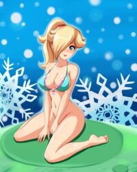 1girls alternate_hairstyle aqua_eyes barefoot between_legs big_breasts bikini bimbo blonde_hair blue_eyes blush bottomless breasts busty cleavage erect_nipples feet female female_only frilled_bikini frills front-tie_bikini hair_over_one_eye hand_between_legs hands highres huge_breasts human kneeling large_breasts long_hair looking_at_viewer mario_(series) navel nintendo open_mouth ponytail princess_rosalina rapeable sigurdhosenfeld sitting smile soles solo star tied_hair toes uncensored v_arms wariza rating:Explicit score:79 user:bot