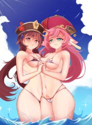  2girls absurdres bad_id bad_pixiv_id beach bikini breasts brown_hair genshin_impact green_eyes highres hu_tao_(genshin_impact) lewdialll micro_bikini multiple_girls outdoors pink_hair swimsuit wet yanfei_(genshin_impact) yuri  rating:safe score: user:bot