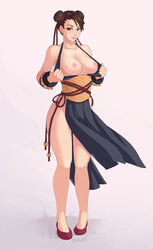 alternate_costume bracelet breasts brown_eyes brown_hair chun-li clothes double_bun eyeshadow female female_only hair_bun human makeup nipples open_clothes owler solo spiked_bracelet street_fighter rating:Explicit score:121 user:bot