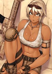 1girls abs against_wall ankle_boots armband assault_rifle bangs bare_shoulders belt blonde_hair boots breasts cleavage collarbone crack cross-laced_footwear dark-skinned_female female fingerless_gloves gloves gun highres jewelry knee_pads large_breasts m4_carbine midriff military muscular_female navel necklace orange_eyes original rifle sela_(sela_god) sela_god shiny shiny_skin short_hair short_shorts shorts silver_hair sitting socks solo sports_bra sunglasses sunglasses_on_head tank_top thigh_strap tying weapon yellow_eyes rating:Safe score:165 user:Lunacy