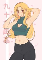 abs belly belly_button black_pants blonde_female blonde_hair blonde_hair blonde_hair_female boob_window breast_window brown_eyes crop_top croptop fit_female hand_in_hair hands_behind_head heart jujutsu_kaisen midriff ms_tsukii yuki_tsukumo rating:Questionable score:85 user:kayafr