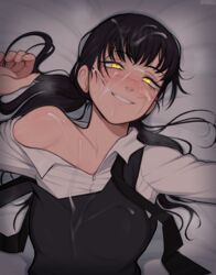 1girls afrobull after_oral black_hair blush bukkake chainsaw_man clothed cum cum_on_body cum_on_face eyes_rolling_back facial facial_scar long_hair looking_at_viewer medium_breasts on_back scar smile smiling solo yellow_eyes yoru_(chainsaw_man) rating:Questionable score:527 user:wquintero207