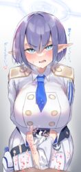 1boy absurdres aoi_(blue_archive) belt big_breasts blue_archive blue_belt blue_eyes blue_hair blue_necktie blush breasts collared_jacket ear_blush earclip epaulettes female general_student_council_(blue_archive) general_student_council_logo_(blue_archive) gloved_handjob glovejob gloves hair_between_eyes handjob highres holster huge_breasts jacket large_breasts looking_at_viewer motion_lines necktie open_mouth pleated_skirt pointy_ears short_hair short_necktie skirt small_penis spacetazune sweat translation_request upper_body v-shaped_eyebrows white_gloves white_jacket white_skirt rating:Explicit score:79 user:bot